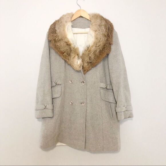 Vintage Coat jacket with Genuine Fur Collar Grey Size M VTG Swing Style Grey - Picture 1 of 16